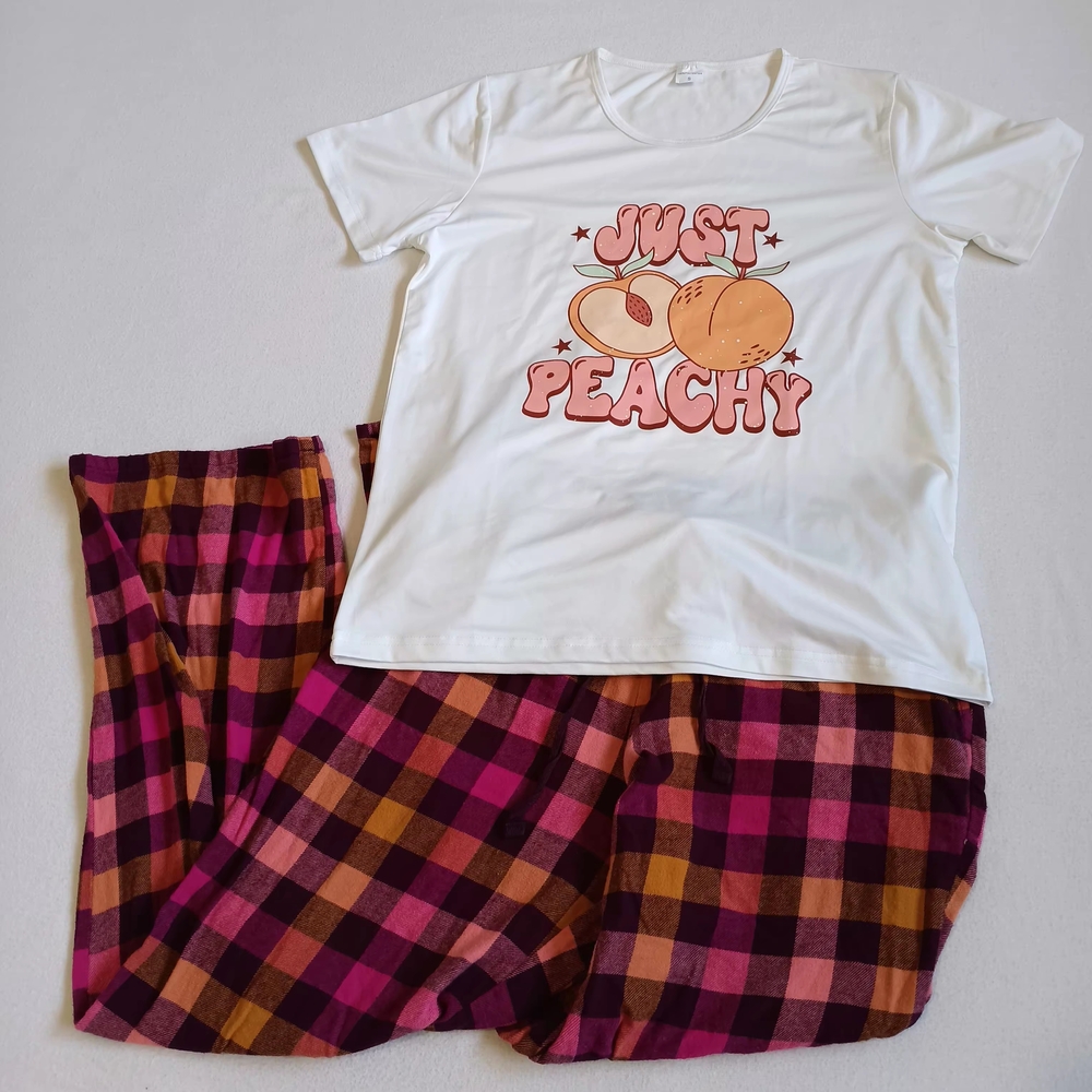 Sonoma Sz S Pj Flannel Pants W/White Sz S Shirt 'Just Peachy'Peach Graphic Logo